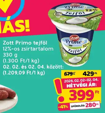 Spar Zott Primo tejföl 12%-os zsírtartalom 330g ajánlat