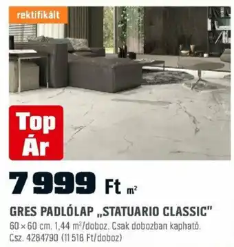 GRES PADLÓLAP,STATUARIO CLASSIC" 60 x 60 cm. 1,44 m²/doboz