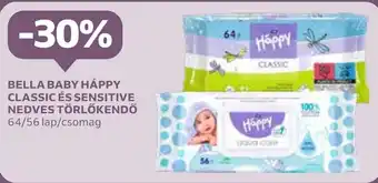 Auchan BELLA BABY HÁPPY CLASSIC ÉS SENSITIVE NEDVES TÖRLŐKENDŐ 64/56 lap/csomag ajánlat