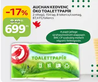 Auchan AUCHAN KEDVENC ÖKO TOALETTPAPÍR 2 rétegű, 154 lap,8 tekercs/csomag ajánlat