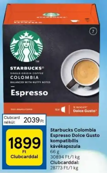 Tesco Starbucks Colombia Espresso Dolce Gusto kompatibilis kávékapszula 66g ajánlat