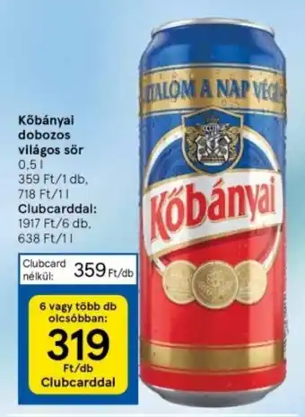 Tesco Kőbányai dobozos világos sör 0,5l ajánlat