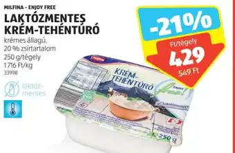 ALDI MILFINA ENJOY FREE LAKTÓZMENTES KRÉM-TEHÉNTÚRÓ 20% 250g ajánlat