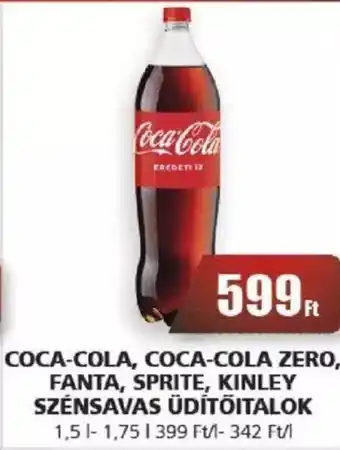COCA-COLA, COCA-COLA ZERO FANTA, SPRITE, KINLEY SZÉNSAVAS ÜDÍTŐITALOK 1,75l