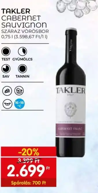 Spar TAKLER CABERNET SAUVIGNON SZÁRAZ VÖRÖSBOR 0,75l ajánlat