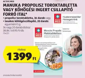 ALDI ACTIVE MED MANUKA PROPOLISZ TOROKTABLETTA VAGY KÖHÖGÉSI INGERT CSILLAPÍTÓ FORRÓ ITAL 20db, 30db ajánlat