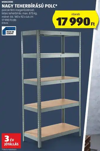 ALDI WORKZONE NAGY TEHERBÍRÁSÚ POLC 875kg 180x92x46cm ajánlat