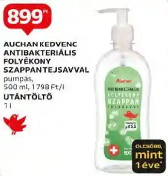 Auchan AUCHAN KEDVENC ANTIBAKTERIÁLIS FOLYÉKONY SZAPPAN TEJSAVVAL 500ml, UTÁNTÖLTŐ 1l ajánlat