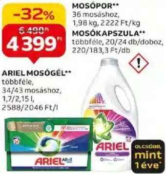 Auchan ARIEL MOSÓGÉL 1,7-2,15l, MOSÓPOR 1,98kg, MOSÓKAPSZULA 20-24db ajánlat