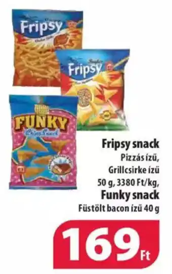 Fripsy snack Pizzás ízű, Grillcsirke ízű 50 g, Funky snack Füstölt bacon ízü 40 g