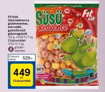 Tesco Fit kids Süsü kedvence gluténmentes, extrudált, gyümölcsízű gabonagolyók 120g ajánlat