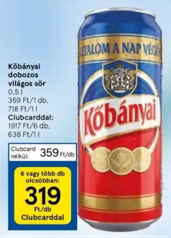 Tesco Kőbányai dobozos világos sör 0,5l ajánlat
