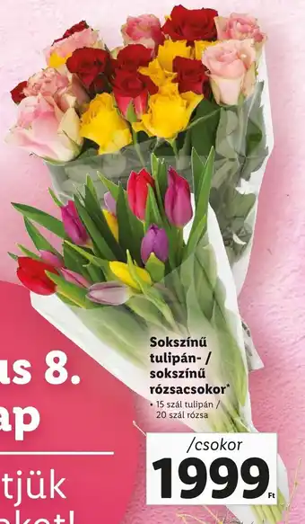 Sokszínű tulipán, sokszínű rózsacsokor 15 szál tulipán, 20 szál rózsa
