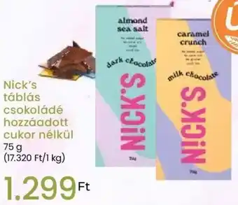Nick's táblás csokoládé hozzáadott cukor nélkül 75g