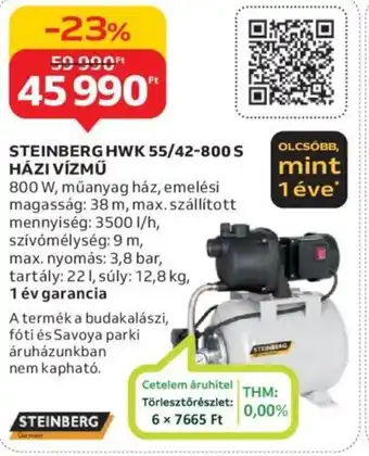 Auchan STEINBERG HWK 55/42-800 S HÁZI VÍZMŰ ajánlat