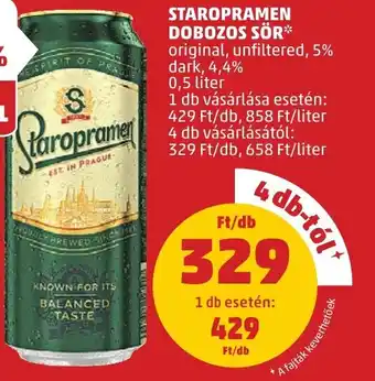 PENNY STAROPRAMEN DOBOZOS SÖR original, unfiltered, 5% dark, 4,4% 0,5l ajánlat