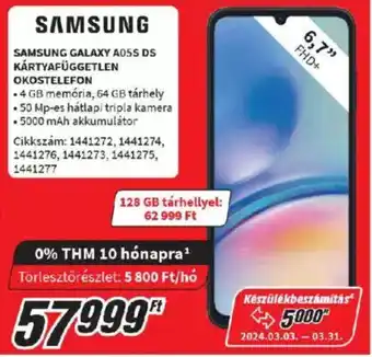 Media Markt SAMSUNG GALAXY A05S DS KÁRTYAFÜGGETLEN OKOSTELEFON ajánlat