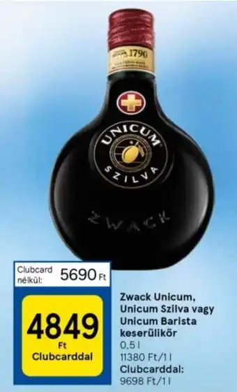 Tesco Zwack Unicum, Unicum Szilva vagy Unicum Barista keserűlikör 0.5l ajánlat