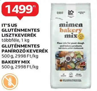 Auchan IT'S US GLUTÉNMENTES LISZTKEVERÉK 1kg, GLUTÉNMENTES PANÍROZÓ KEVERÉK 500g, BAKERY MIX 500g ajánlat