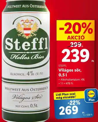 Lidl STEFFL Világos sör 4% 0,5l ajánlat
