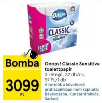 Tesco Ooops! Classic Sensitive toalettpapír 3 rétegű, 32 db/cs. ajánlat
