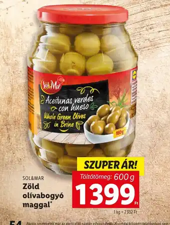 Lidl SOL&MAR Zöld olívabogyó maggal 600g ajánlat