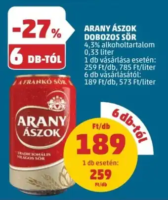 PENNY ARANY ÁSZOK DOBOZOS SÖR 4,3% alkoholtartalom 0,33 liter ajánlat