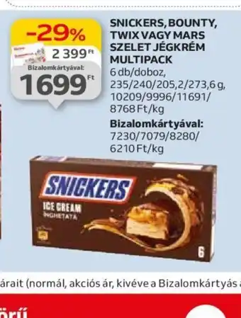 Auchan SNICKERS, BOUNTY, TWIX VAGY MARS SZELET JÉGKRÉM MULTIPACK 6db ajánlat