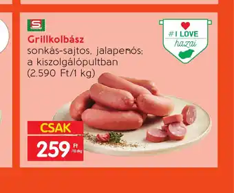Spar Grillkolbász sonkás-sajtos, jalapenos; a kiszolgálópultban 10dkg ajánlat