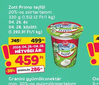 Spar Zott Primo tejföl 330g ajánlat