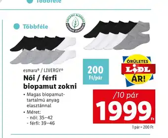 Lidl EsmaraⓇ/LIVERGYⓇ Női / férfi biopamut zokni 10 pár ajánlat