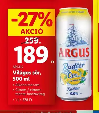 Lidl ARGUS Világos sör, 500 ml ajánlat