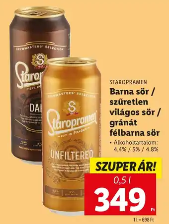 Lidl STAROPRAMEN Barna sör / szűretlen világos sör / gránát félbarna sör 0.5l ajánlat