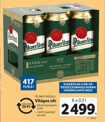 Lidl PILSNER URQUELL Világos sör 6x0.5l ajánlat