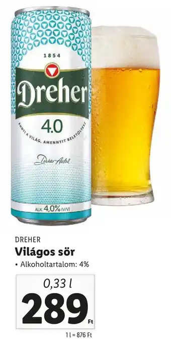 Lidl DREHER Világos sör 0.33l ajánlat