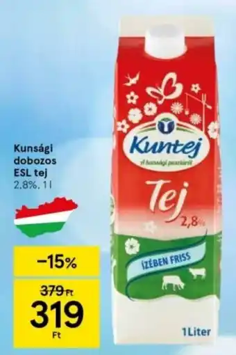 Tesco Kunsági dobozos ESL tej 2,8%. 1l ajánlat