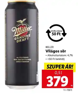 Lidl MILLER Világos sör 0,5 l ajánlat