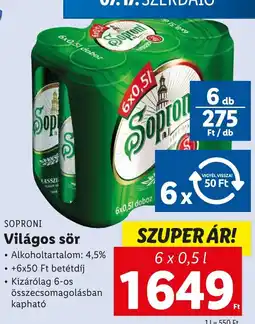 Lidl SOPRONI Világos sör 6 x 0,5 l ajánlat