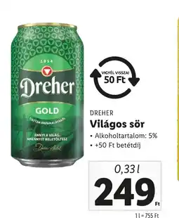 Lidl DREHER Világos sör 0,33l ajánlat