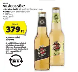 ALDI MILLER VILÁGOS SÖR 0,33l ajánlat