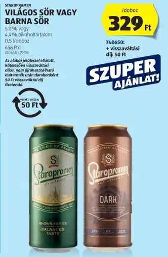 ALDI Staropramen világos sör vagy barna sör ajánlat