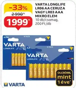 Auchan Varta longlife LR06 AA Ceruza Vagy LR03 AAA Mikro Elem ajánlat
