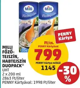 PENNY Milli főzőtejszín, habtejszín duopack ajánlat