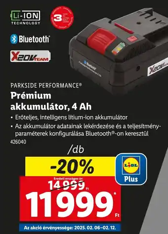 Lidl PARKSIDE PERFORMANCE Prémium akkumulátor, 4 Ah ajánlat