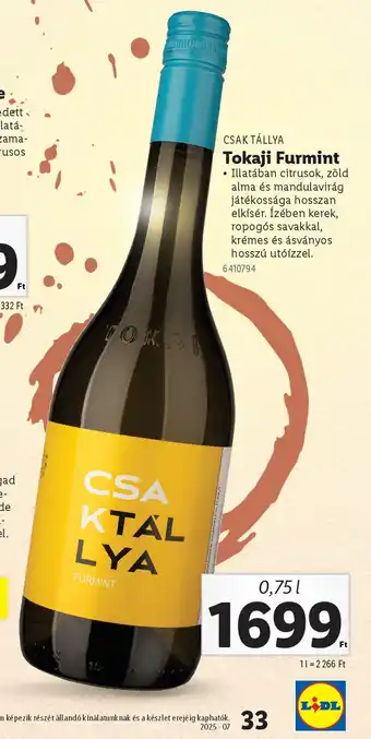 Lidl Csák Tálya Tokaji Furmint ajánlat