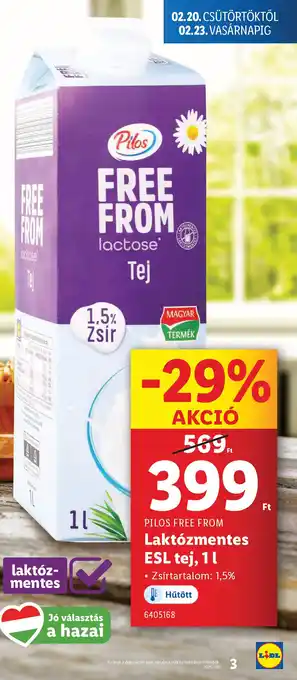 Lidl PILOS FREE FROM Laktózmentes ESL tej ajánlat