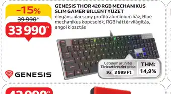 Auchan Genesis Thor 420 RGB Mechanikus Slim Gamer Billentyűzet ajánlat