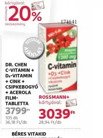 Rossmann Dr. Chen C-vitamin + D3-vitamin + Cink + Csipkebogy + Acerola filmtabletta ajánlat