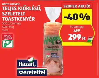 ALDI Happy harvest teljes kiőrlésű, szeletelt toastkenyér ajánlat