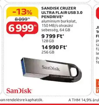 Auchan SanDisk Cruzer Ultra Flair USB 3.0 Pendrive ajánlat